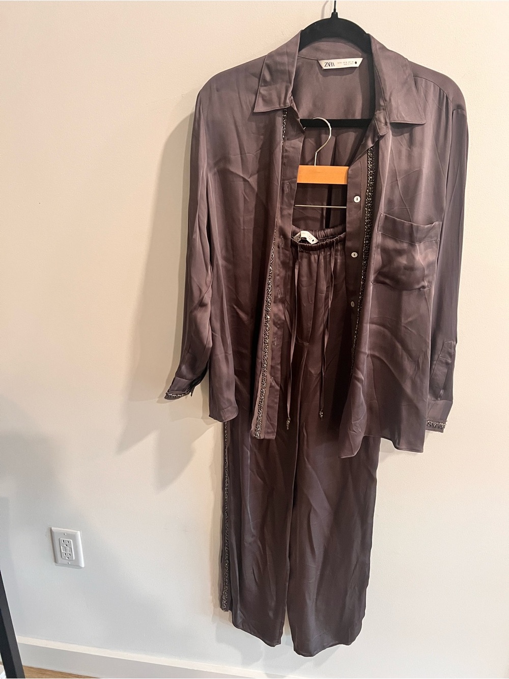 Zara Two-Piece Blouse & Pants Set – Mauve / Taupe with Beaded Detail